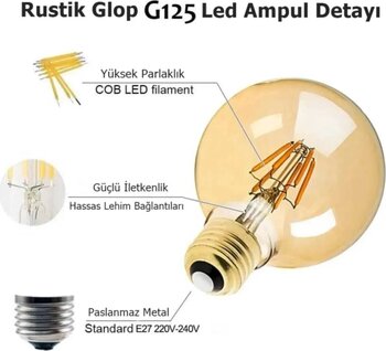 Heka 6 Watt Rustik Led Ampul G125 Glop Rustik Ampul E27 Duy Amber Renk Cam 2500K Sarı Işık