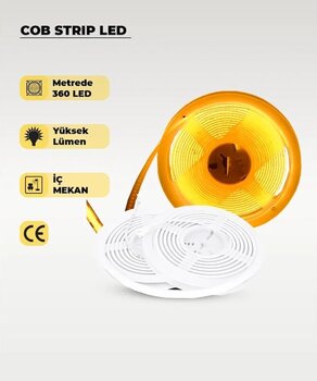12v Cob Şerit Led Amber Işık - Metrede 360 Led - 5 Metre 5 Metre