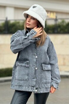 New Laviva Kadın Gri Geniş Cepli, Kaliteli Jeans Kumaş, Salaş Kot Ceket - 36