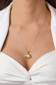 14 Ayar Altın Singapur Zincir Büyük Lotus Çiçeği Kolye Beyaz Altın 50 Cm