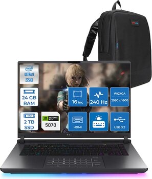Asus Rog Strix G16 Intel Core Ultra 9 275hx 24gb Ddr5 2tb Ssd 8gb/Rtx5070/115w 16" 2.5k 240hz 3ms Ips Windows 11 Home Taşınabilir Bilgisayar S5116h07 + Zettaçanta