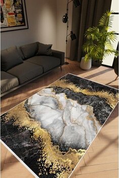 Salon Halısı Taş Mermer Modern Altın Siyah Gri Gold Kaydırmaz Yıkanabilir Ince Halı Tüysüz Kilim - 100 x 500 cm