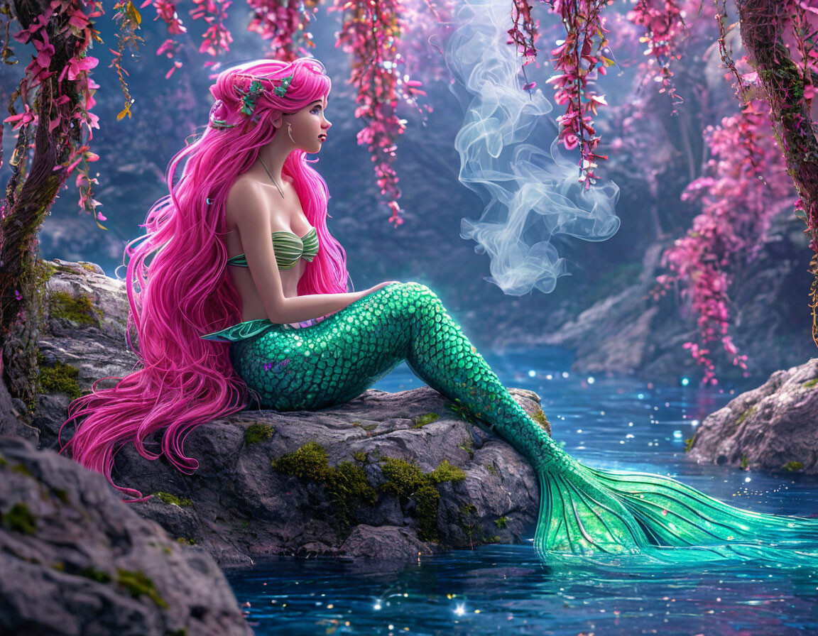 "A mermaid who sits on a rock by the water. a puff of smoke over the ...