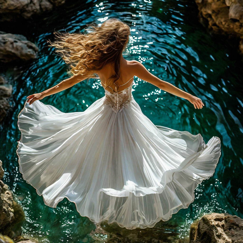"A girl in a flowing wedding dress in perspective jumping into the ...