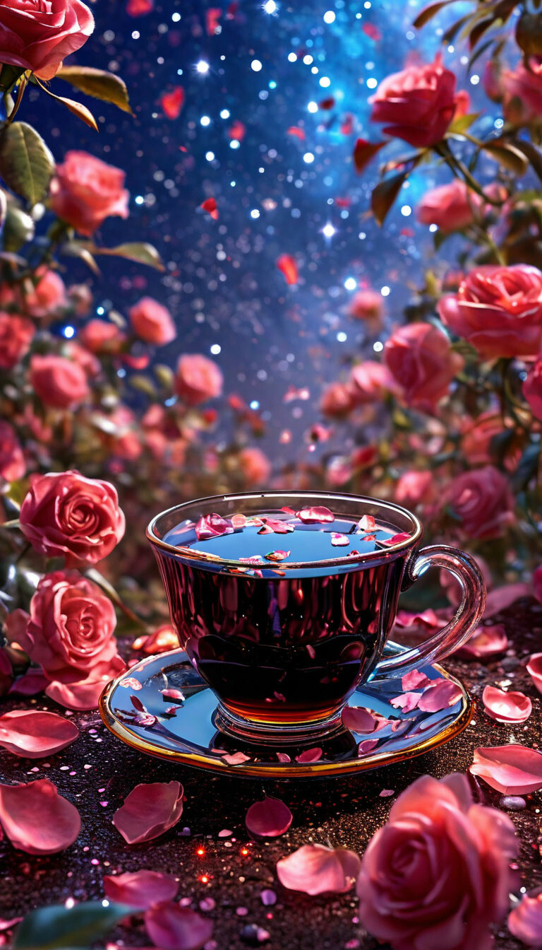 black-tea-with-rose-petals-on-a-background-of-rose-bushes