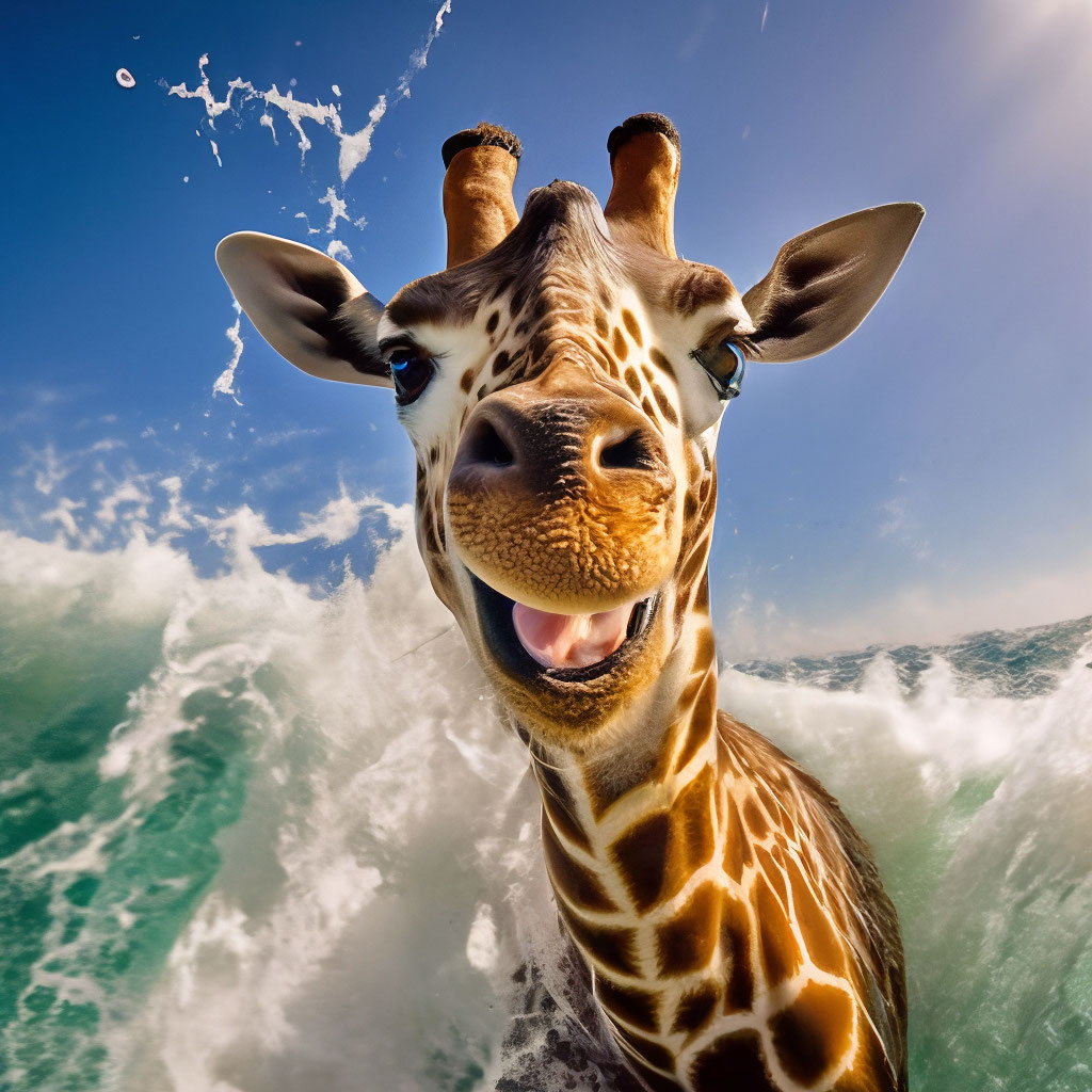 Веселый жираф, высунут язык, море, …» — создано в Шедевруме