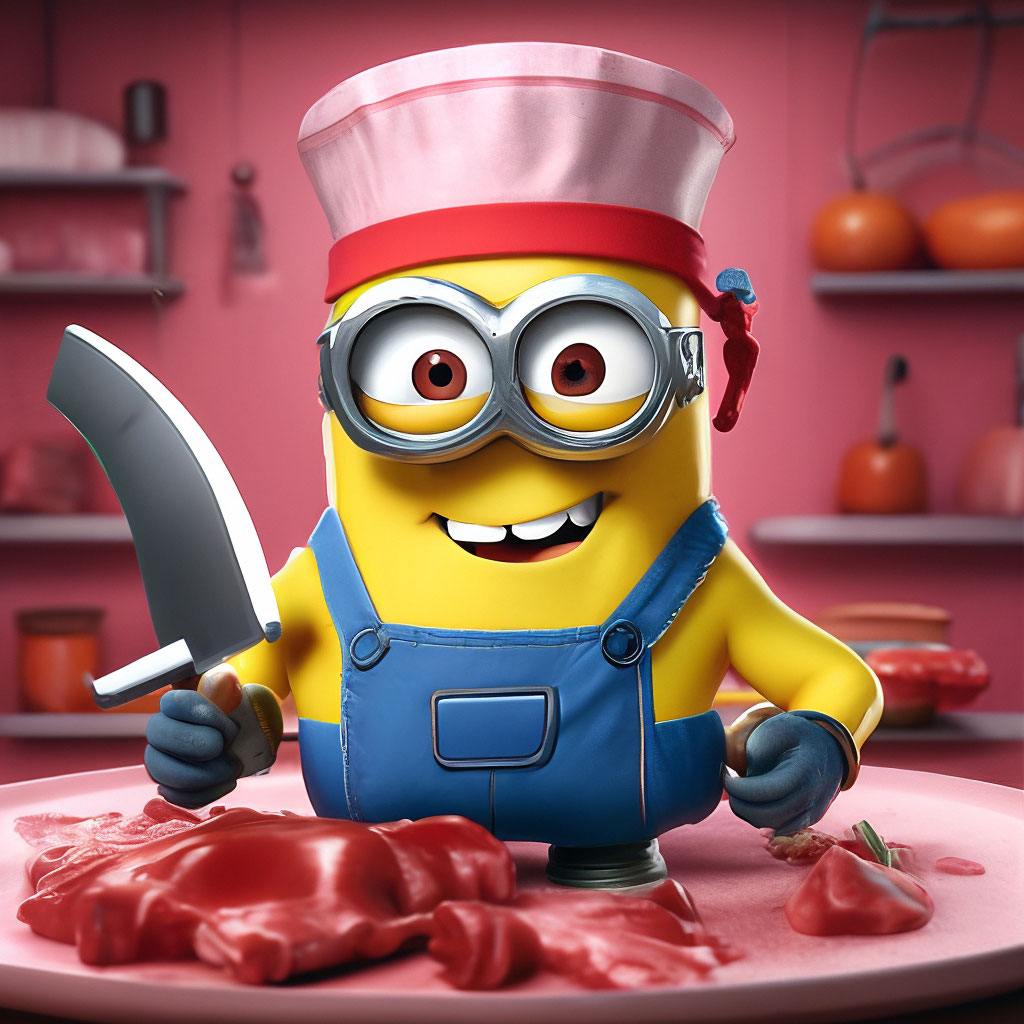 A minion with a SVO T shirt cuts a image created in Shedevrum