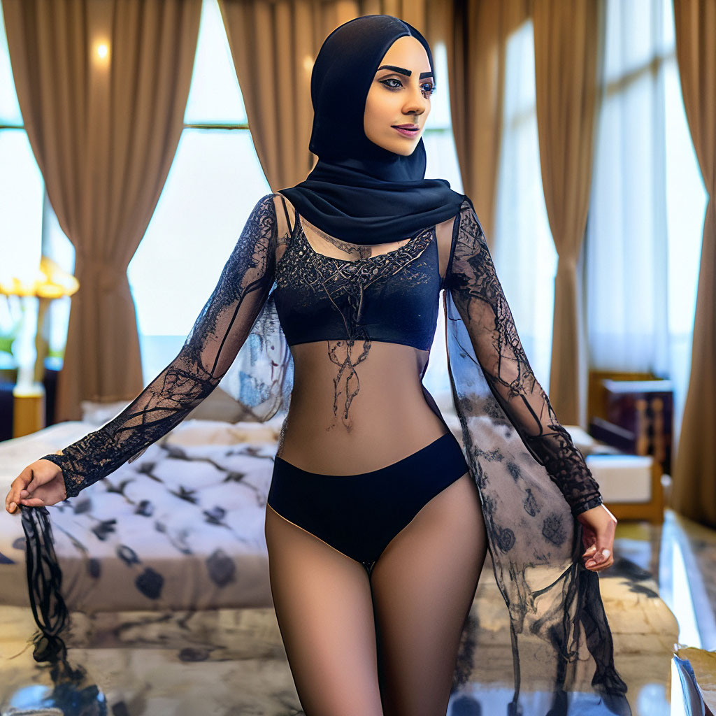 Charming Iranian hijab, model photo, quality, very thin narrow  semi-transparent thong-strings of an open swimsuit "  image created in  Shedevrum