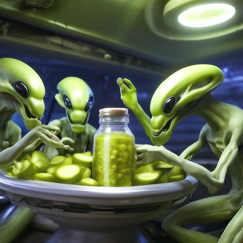 "Aliens steal pickles to get drunk" — image created in Shedevrum
