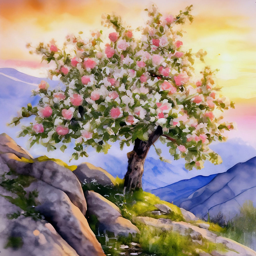 🌳 Цветущая яблоня, на горе в …» — создано в Шедевруме