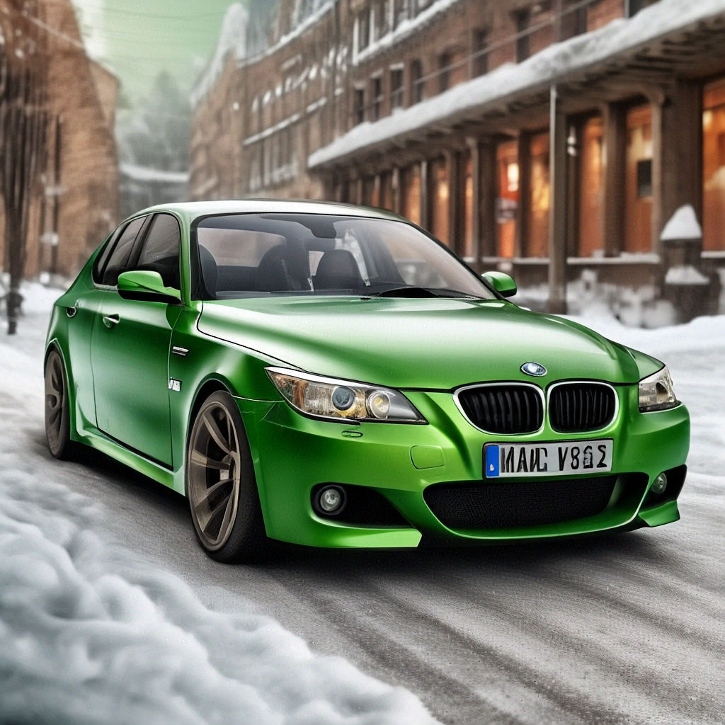 Light green BMW E60 covered in snow super realistic 4K