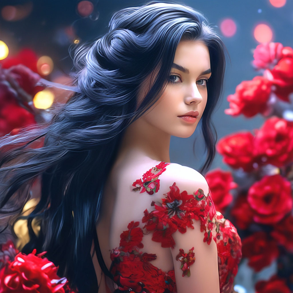 "Beautiful girl with black hair in a beautiful translucent red dress ...