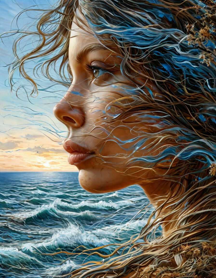 waves, landscape through a transparent full-face silhouette In the style of Oleg Shuplyak, metamorphosis, breeze