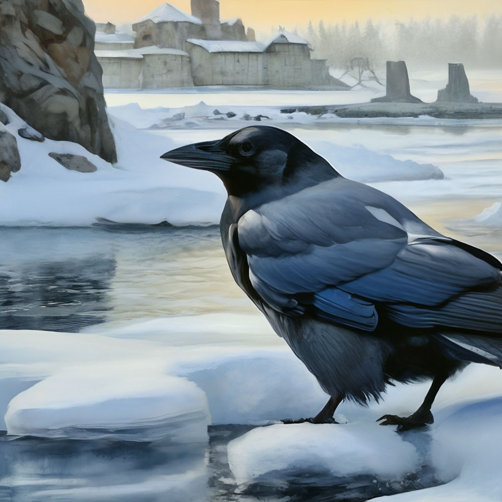 Russian Russian crows in the snow close-up, hyperdetalization, island, smooth bay of the Mediterranean sea, icy water, granite boulders in the water,silence,peace, solitude,wild land,Russian beauty 