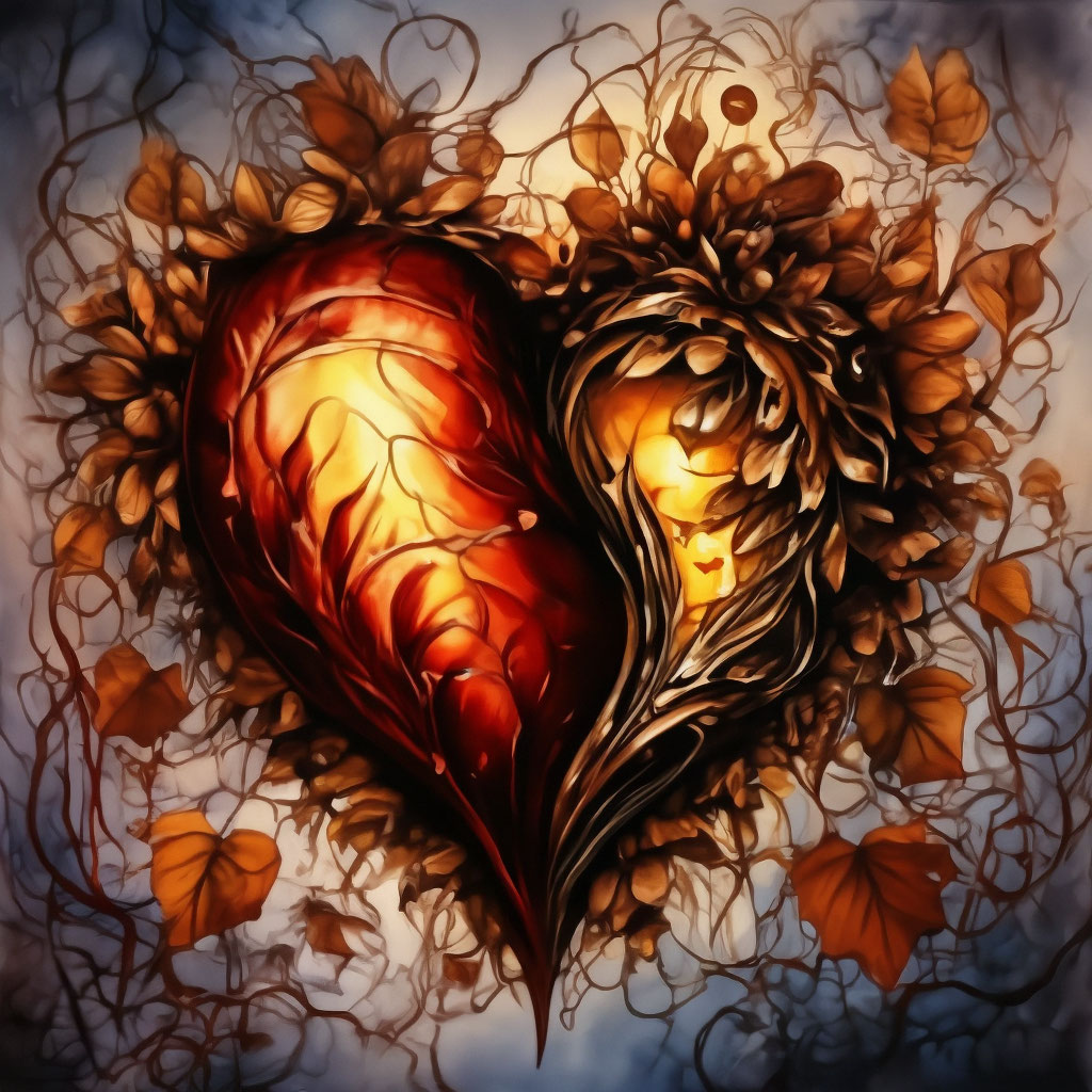 two hearts together forever yin-yang, flowers vine leaves hops, fog ...