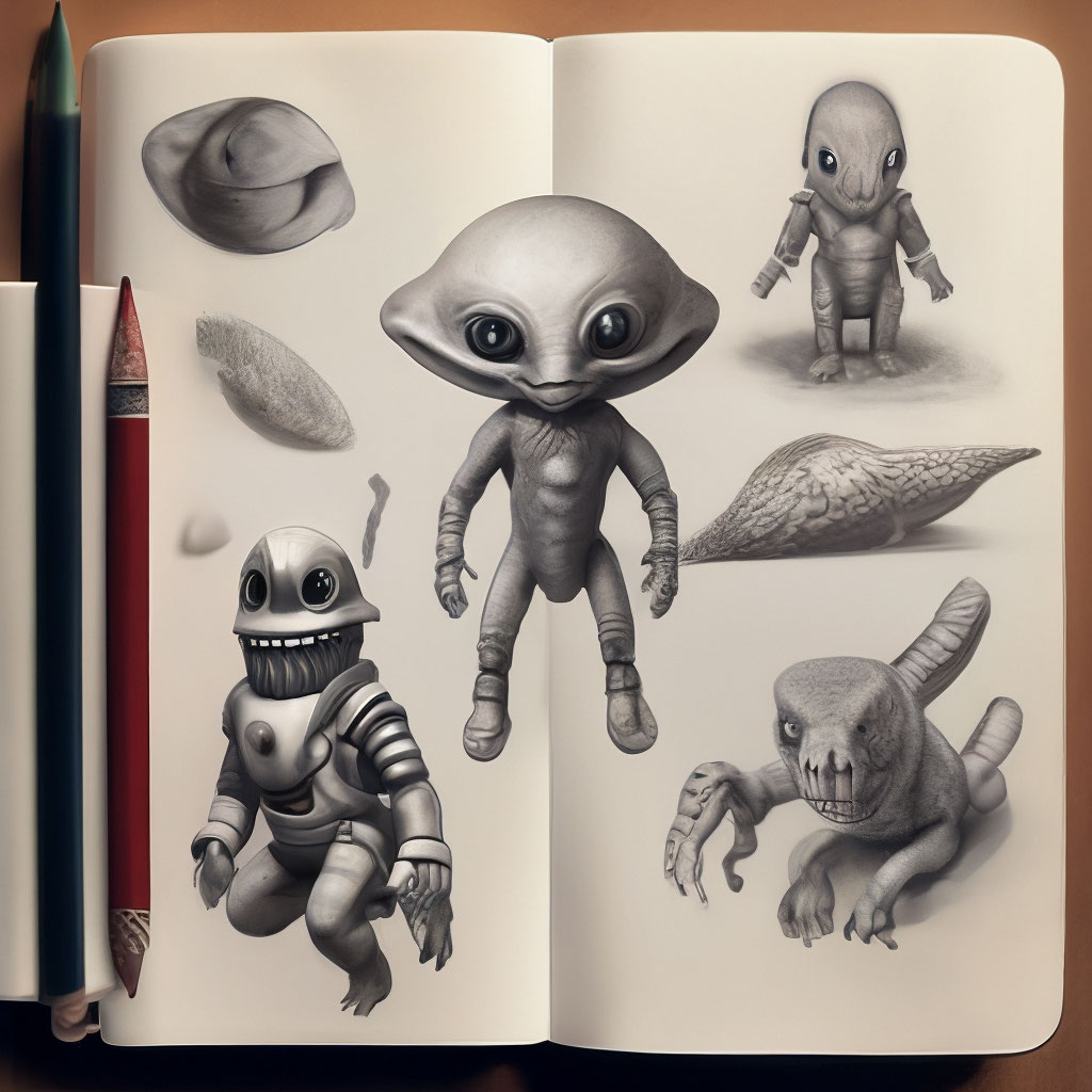 "Pencil sketch of alien, unusual animals on an unknown planet, made in ...
