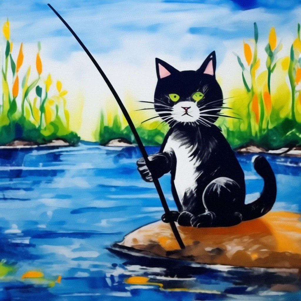 "Children's drawing, Naiv, a cat fishing with a fishing rod on the ...