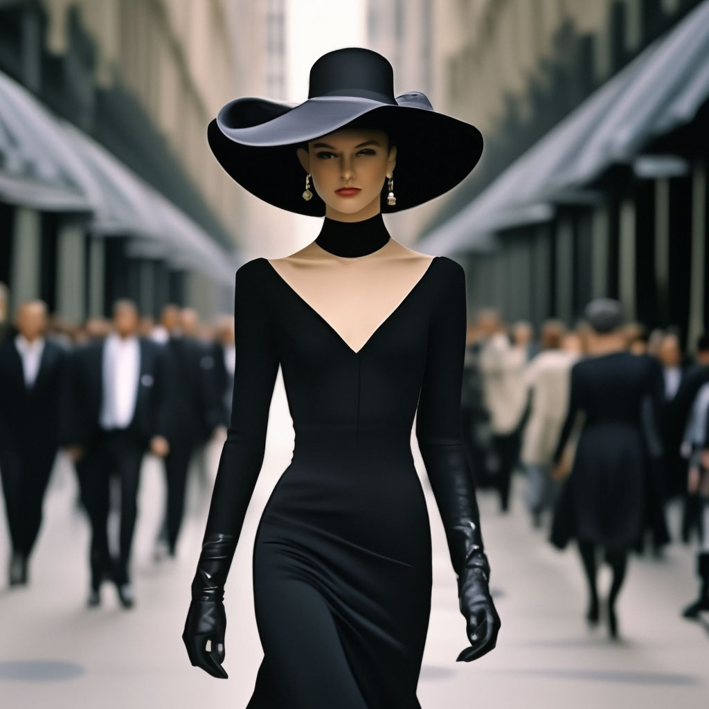 Full-length model Shalom Harlow, in a black hat, in a black