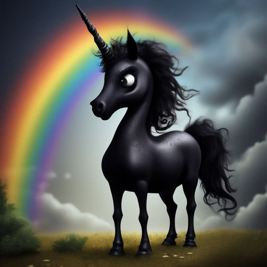 черный единорог пукает черной радугой, юмор сатира крипота, в стиле Тима Бёртона