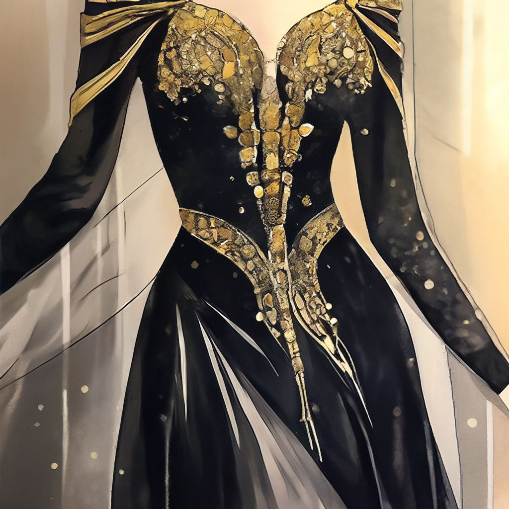 Sketch, sketch of a dress. Medieval, closed dress, long sleeves. Black+gold.  Line art-+vector graphics. Lumen+"  image created in Shedevrum