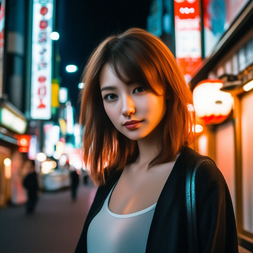 русская девушка, в Японии в ночном городе 