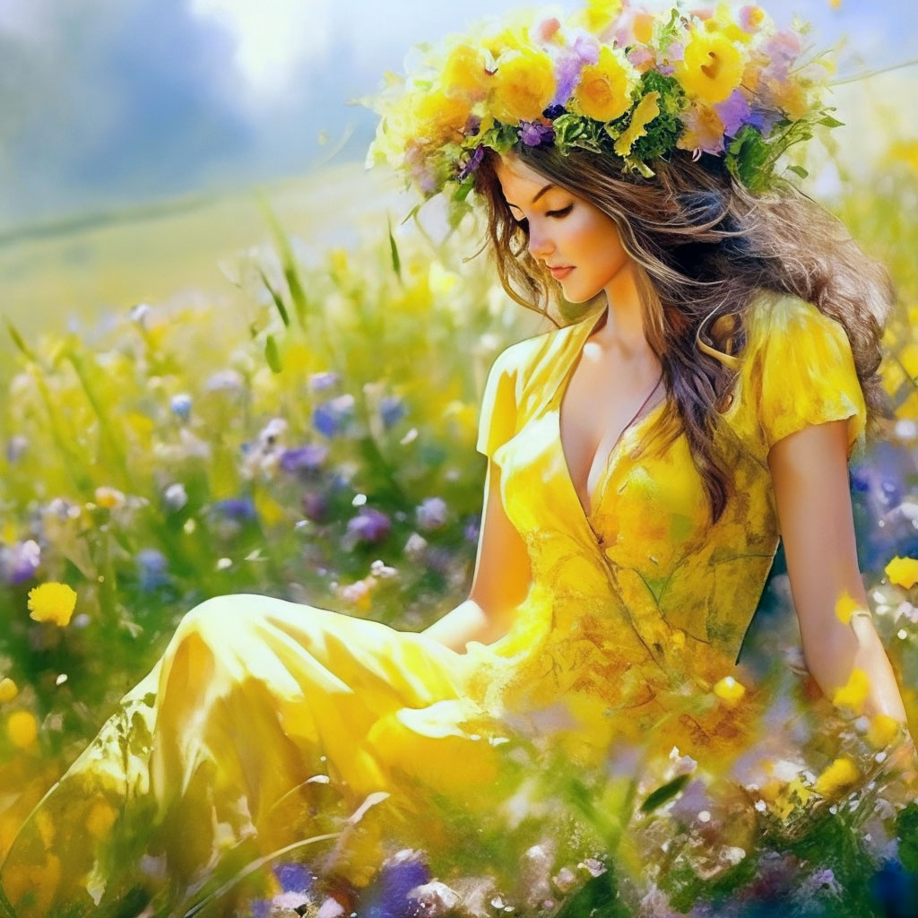"A beautiful woman in a bright yellow dress with a wreath on her head ...