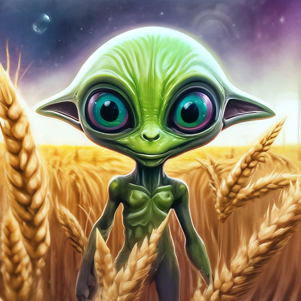 "Double exposure.there is a cute stupid alien in a wheat field ...