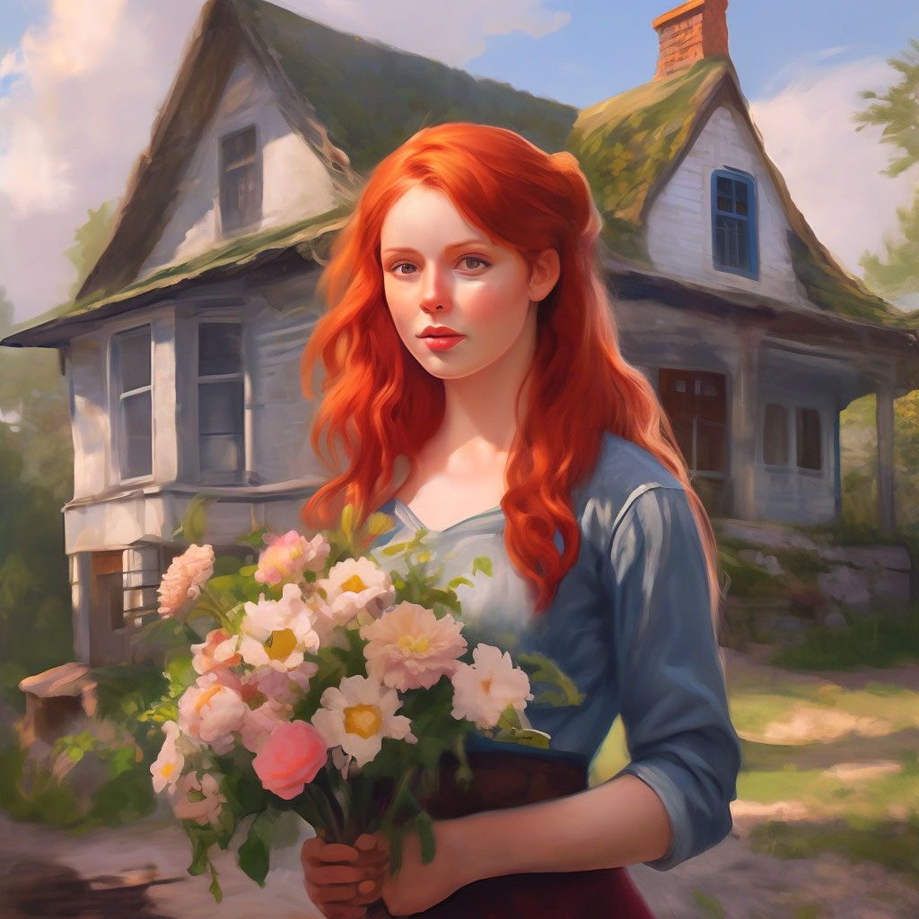 "A girl with red hair and a bouquet of flowers in her hands was ...