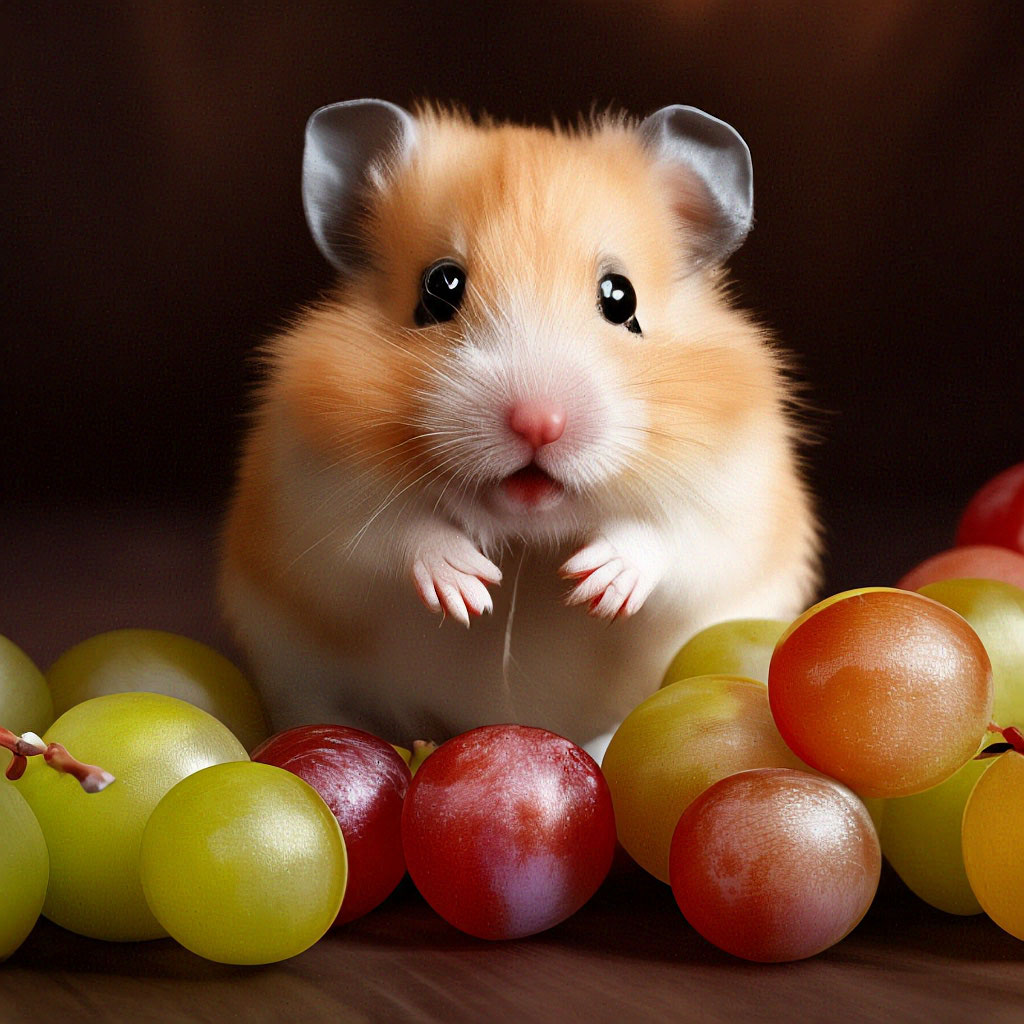 A little hamster eats grapes image created in Shedevrum