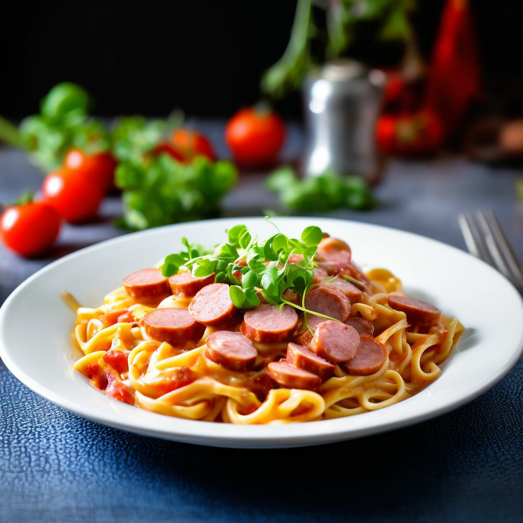 Макароны с копчёными колбасками в томатно-сливочном соусе