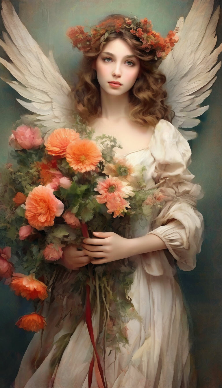 imagine beautiful angels in retro style beautiful botany bright flowers ...