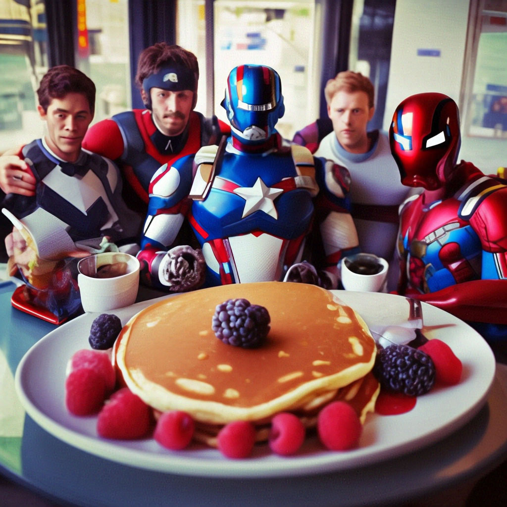 "Avengers, pancakes, condensed milk, berry, everything is delicious ...