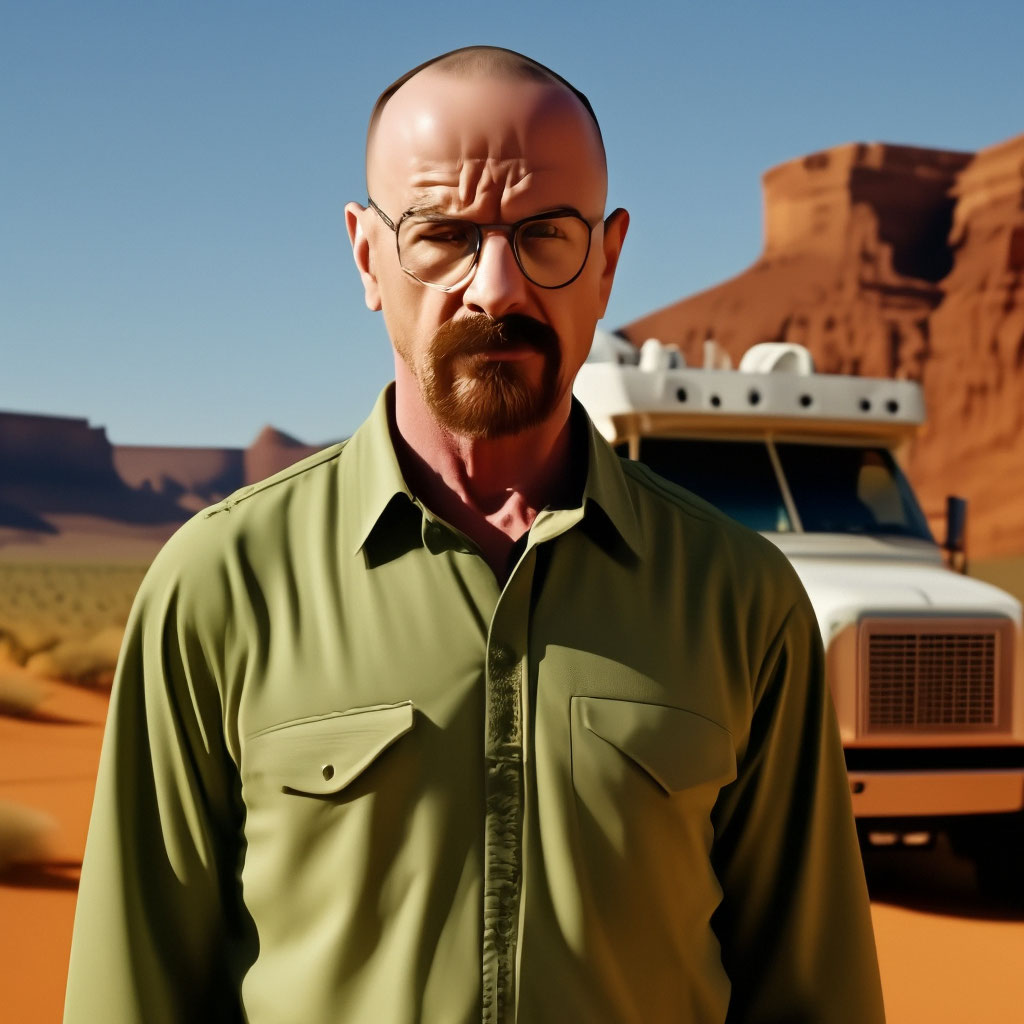 Laboratory on wheels, Walter White stands in a green shirt in the Navajo  Nation desert, aesthetically pleasing, "  image created in Shedevrum