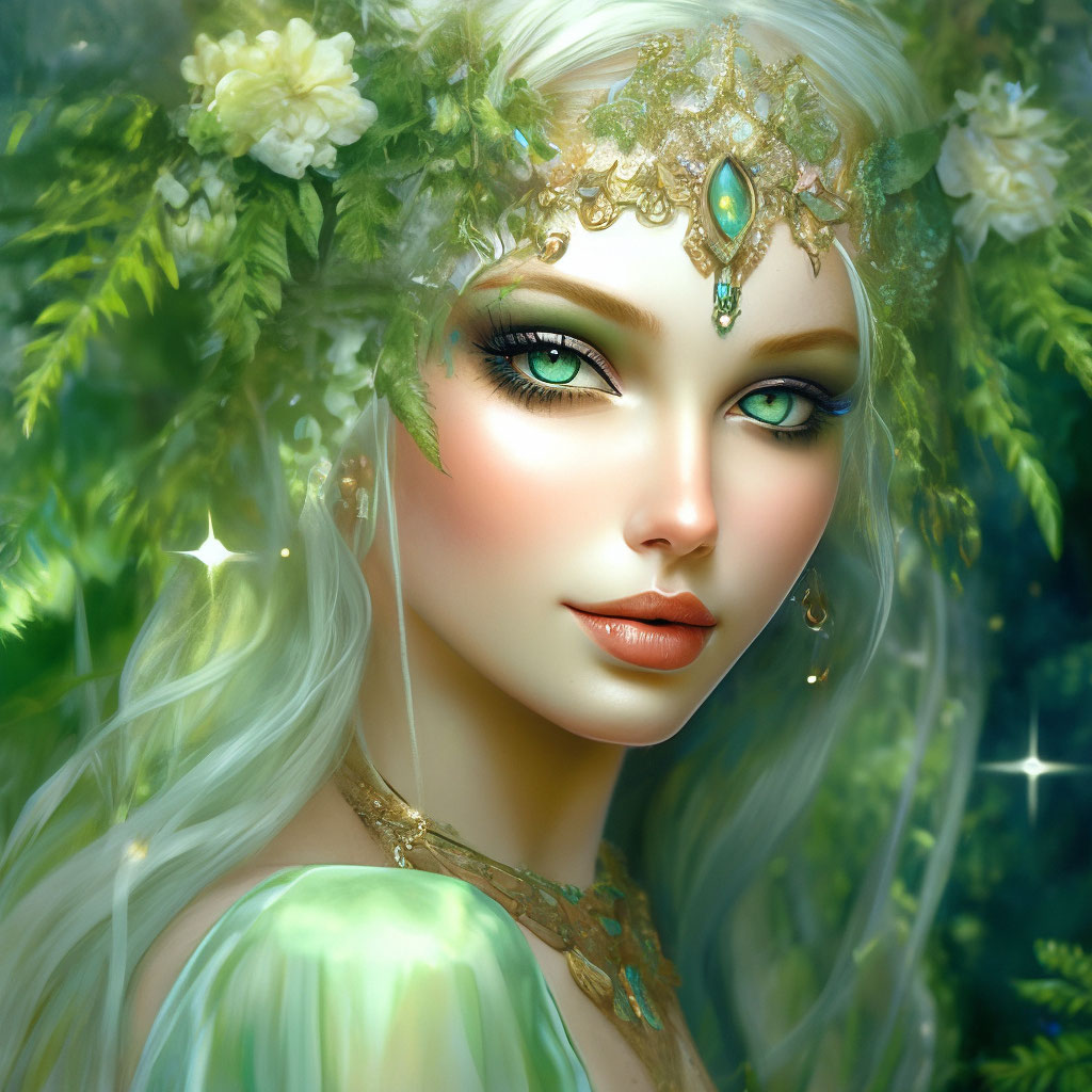Diamond painting, beautiful elf in a transparent pale green dress,  fern"  image created in Shedevrum