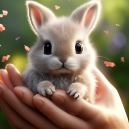 «A tiny magical fluffy shining transparent bunny with a bow sits on the