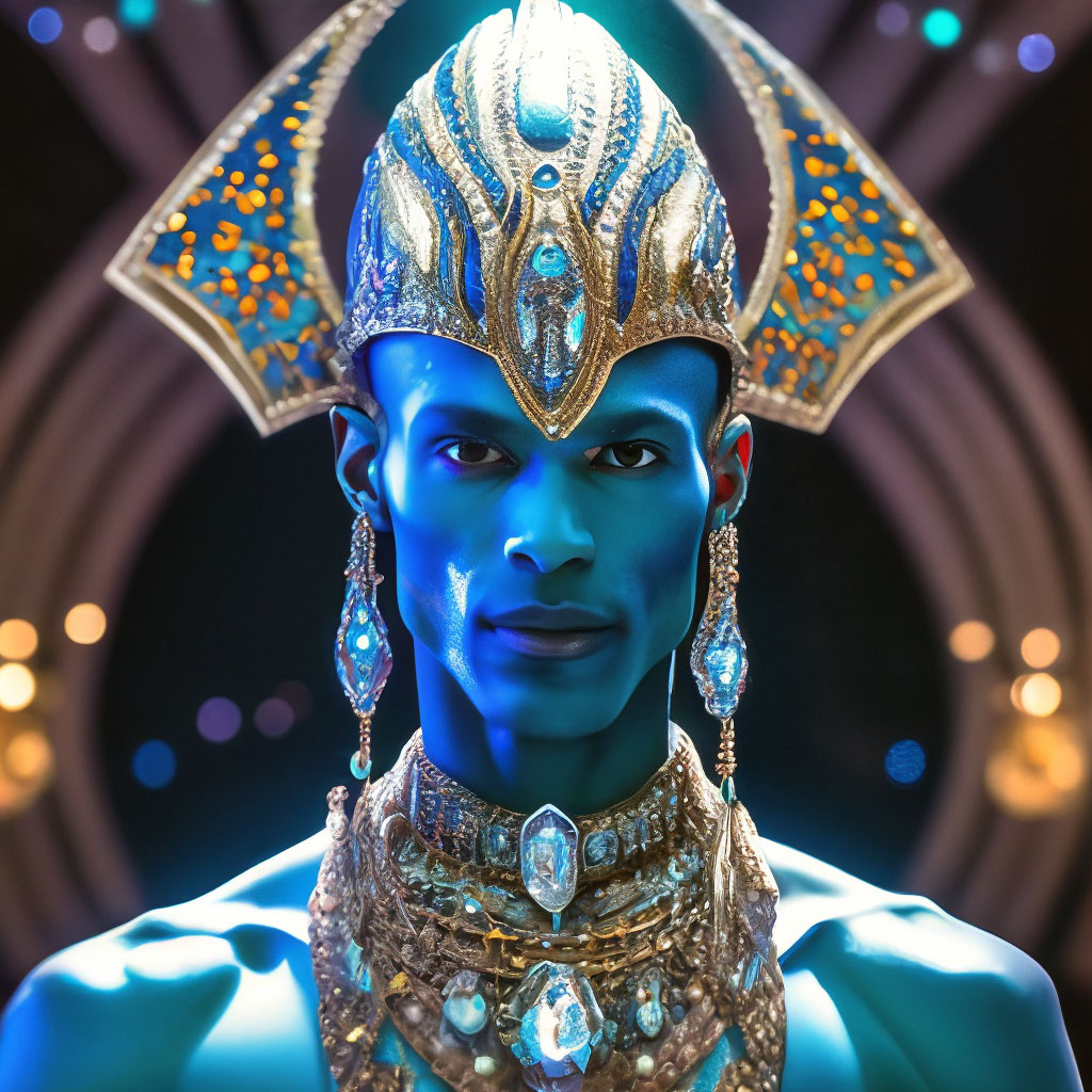 An alien from Sirius as a handsome tall man in a headdress with patterns alien patterns alien jewelry a serious diamond glows in his forehead