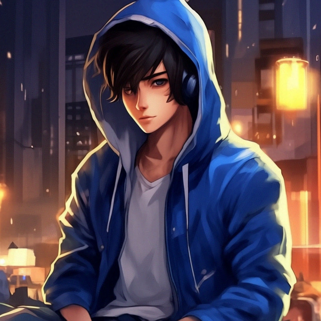 Anime man in a blue hoodie in blue image created in Shedevrum