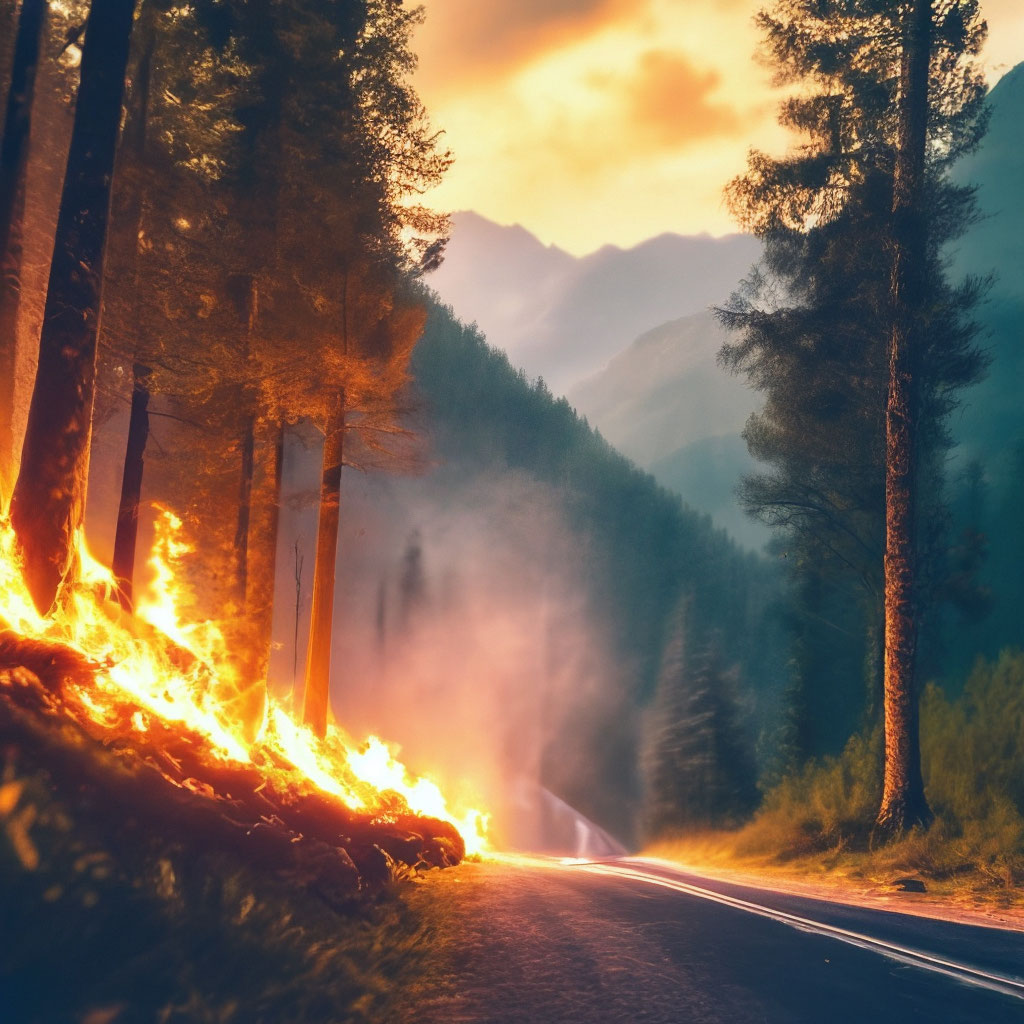 "Forest in the mountains and fire on the ground illuminates the forest ...