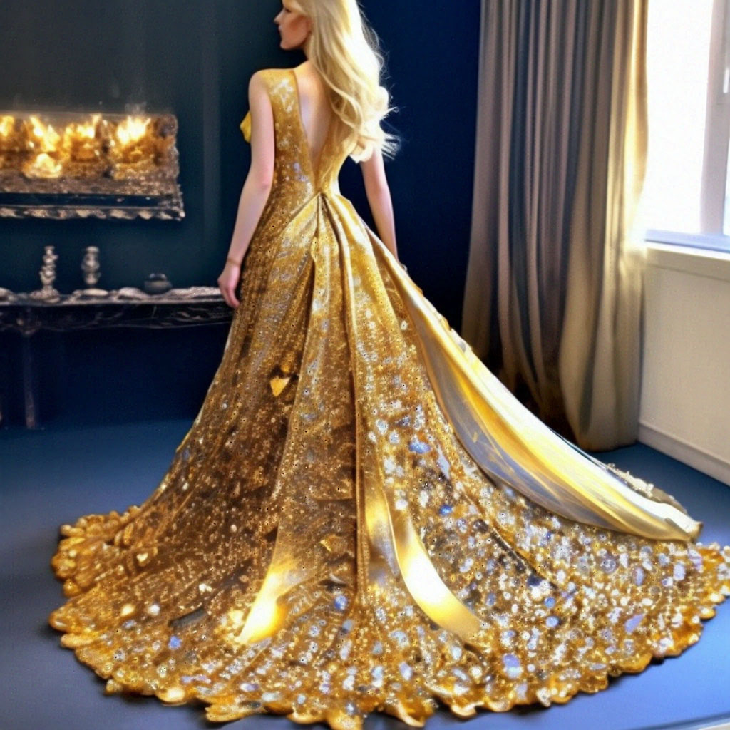 A long beautiful amber-gold dress with a fractal gold train, embroidered  with gold patterns, on a beautiful girl, "  image created in Shedevrum