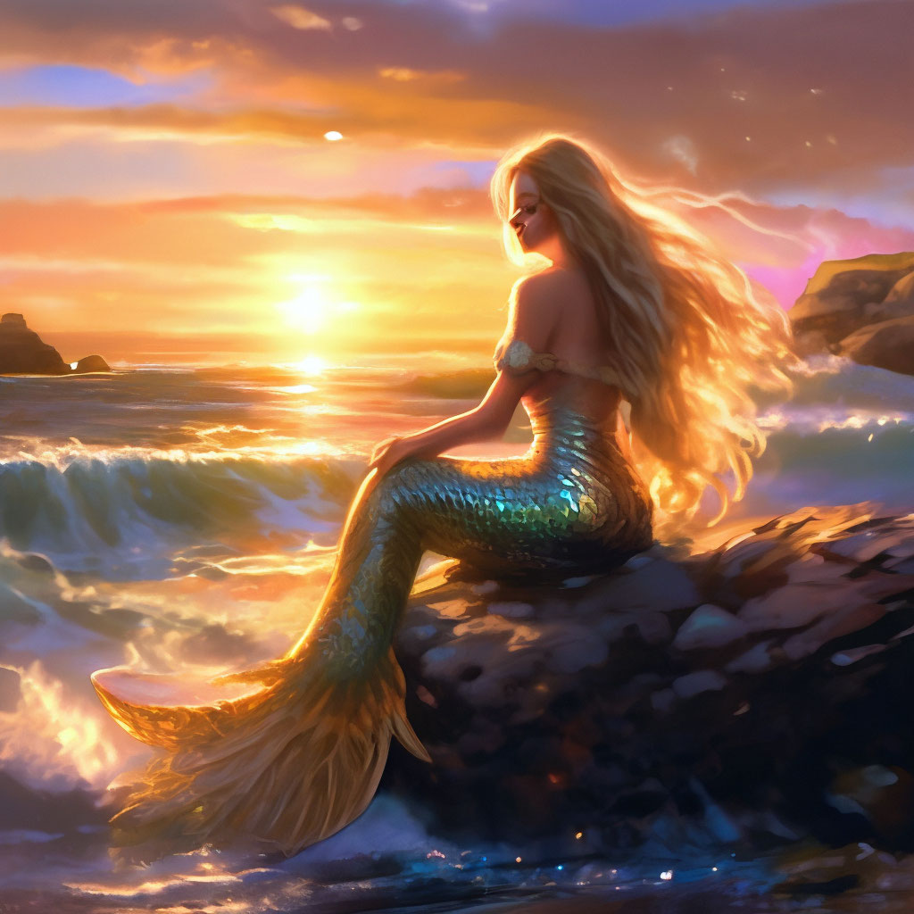 "Sunset. The seashore, on a stone A mermaid is sitting with long hair ...