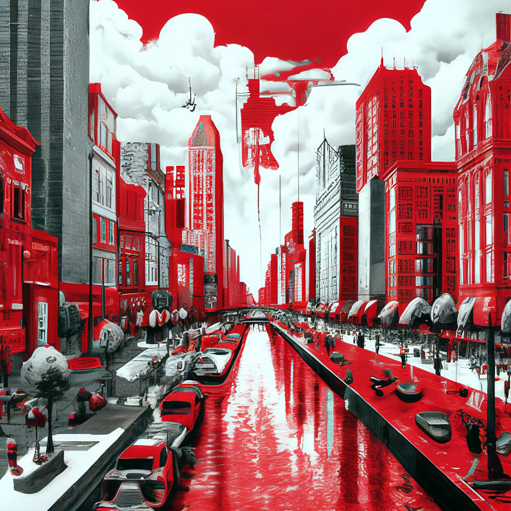 "Red and white image of a city with a …" — image created in Shedevrum