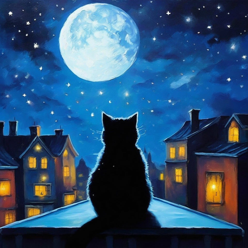 "Good night 🛏️ The cat is sitting on the roof of the house under the ...