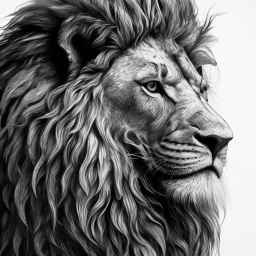 «Detailed ink drawing of a majestic lion profile, with intricate ...