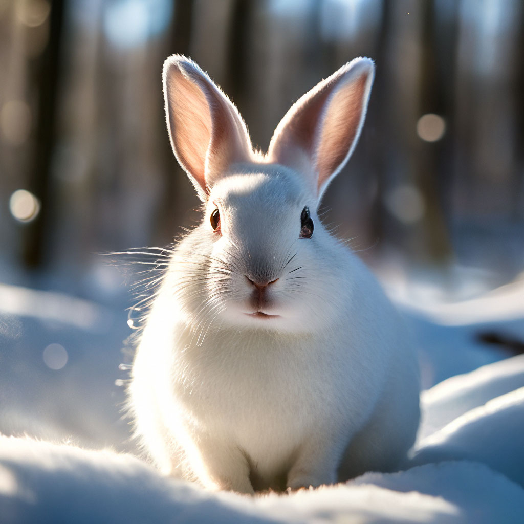 "A cute white rabbit in a winter forest sits and looks at the camera ...