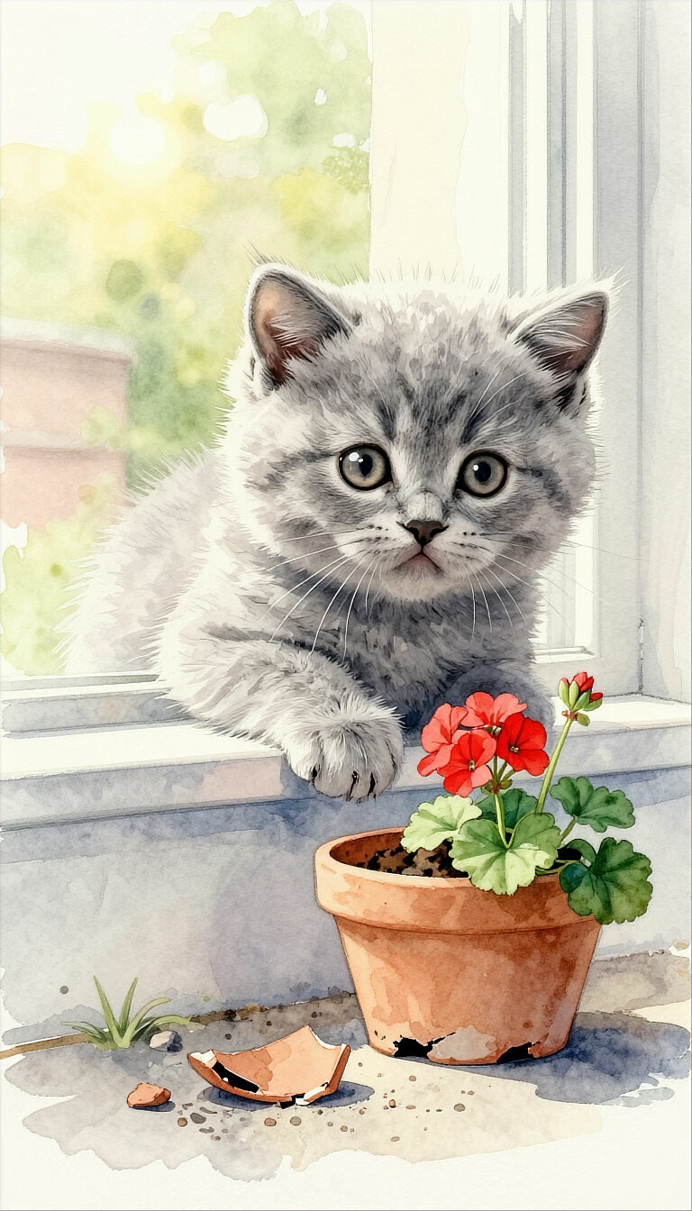 ... акварель набросок минимализм эскиз открыто окно, стена, штукатурка, вьюнок крупный план пушистые щеки британский котёнок на подоконнике свесился вниз на улицу, смотрит удивленно под окном на …
