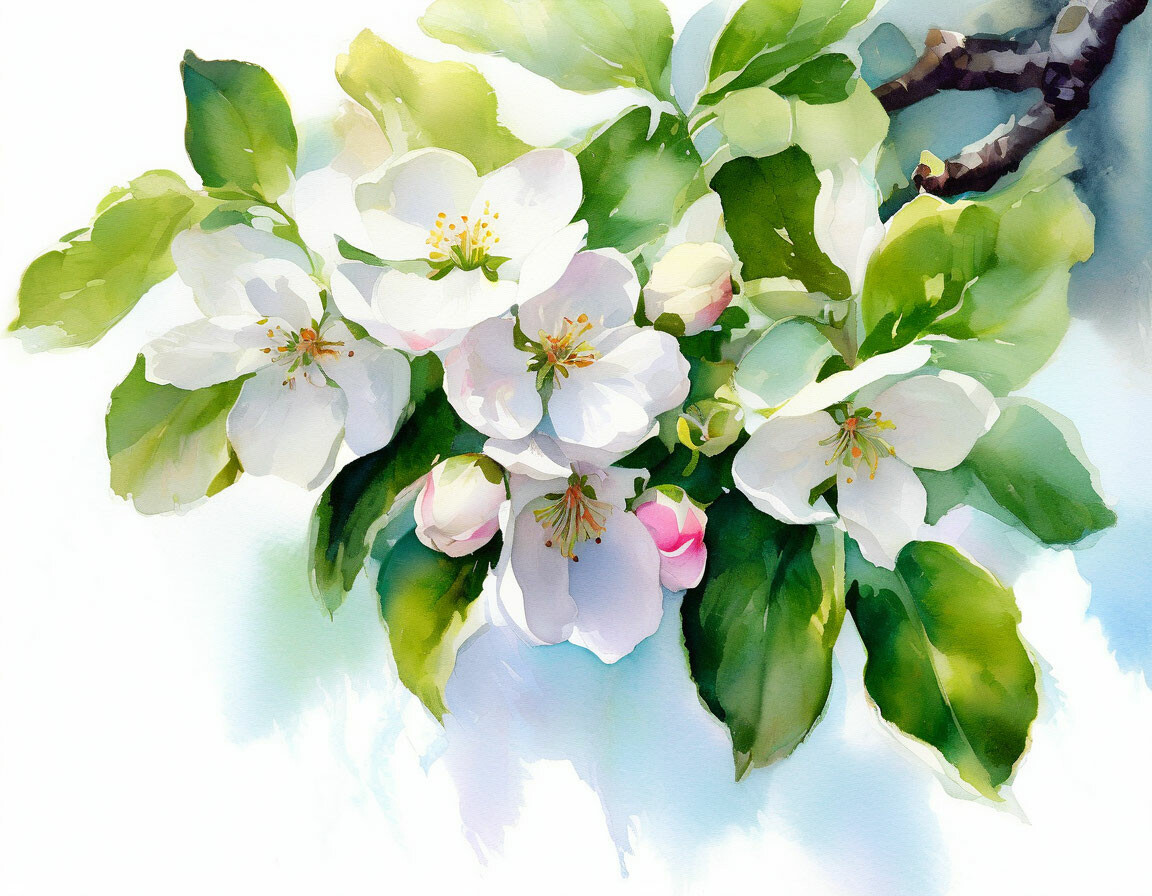 "Watercolor, beautiful branch of a blooming apple tree, gilded edges of ...