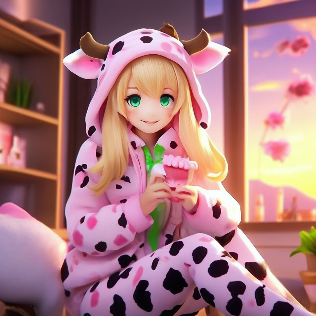 Anime pink cow morning a beautiful image created in Shedevrum