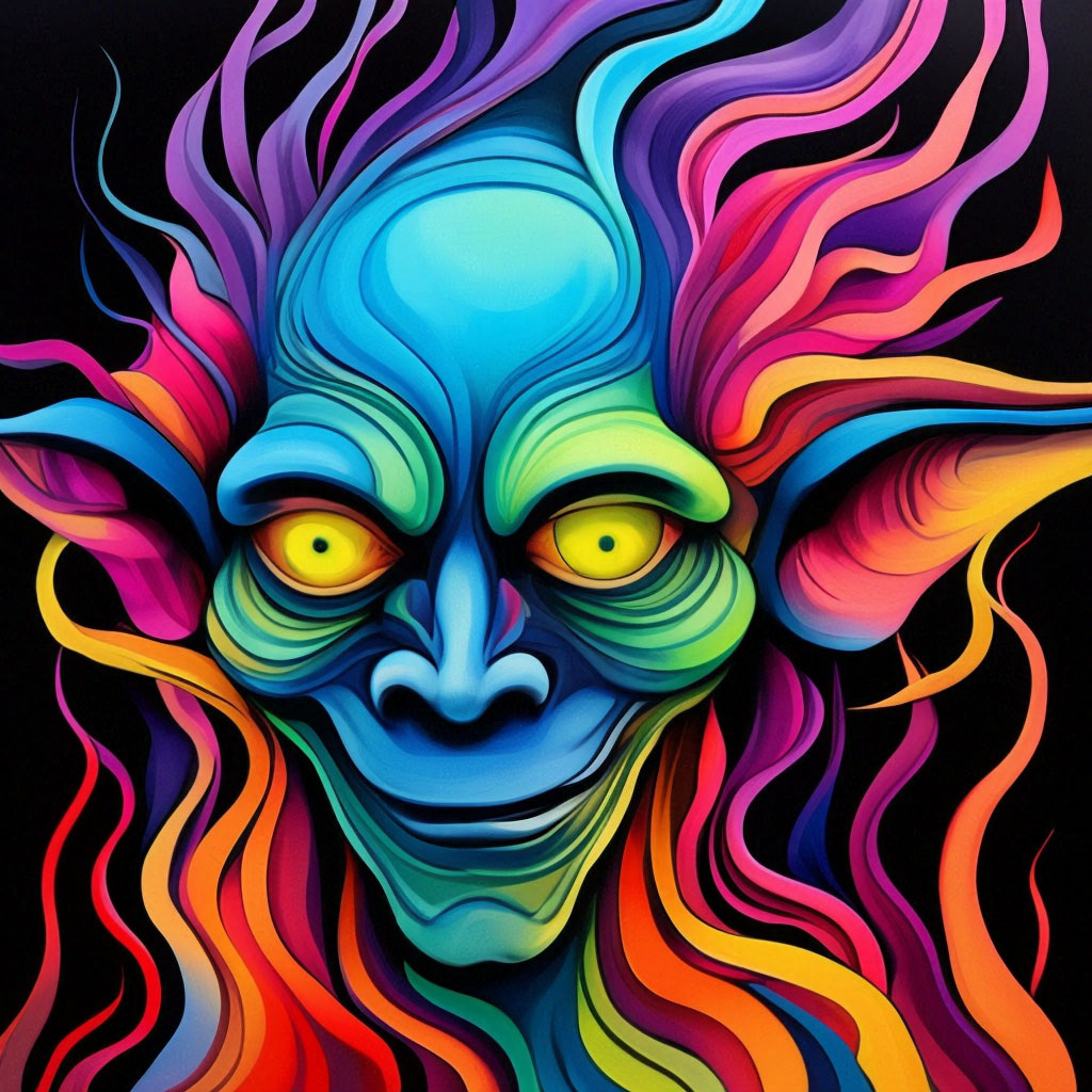 surrealism, watercolor ink drawing, neon good goblin on a black background, woolen curls fluttering in the wind and illuminated by neon, splashes, fractals, fantasy, hyper detail of each wool, the …