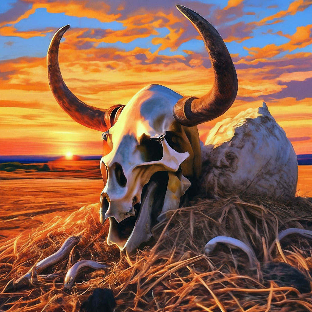 "Horned cracked bison skull, worms, …" — created in Shedevrum