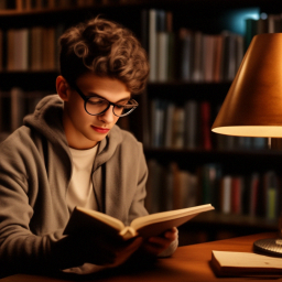 Студент сидит с книгой в библиотеке, рядом настольная лампа» — видео  создано в Шедевруме